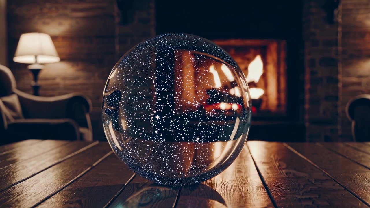 Sfera di cristallo con luci scintillanti che riflettono un camino su un tavolo di legno