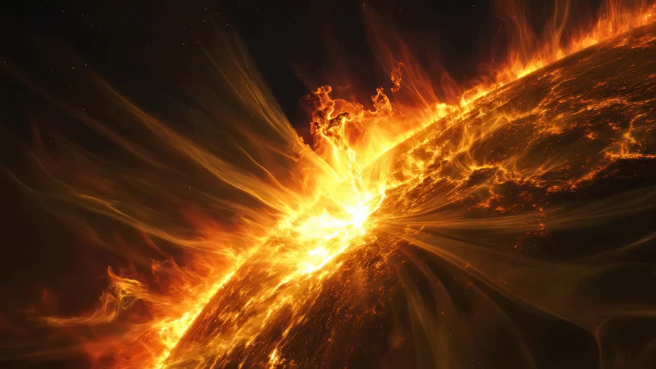 Dynamic video still of a solar flare erupting from the sun's surface, captured from a low angle