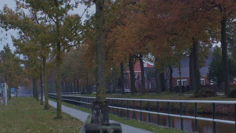 parque europeo en el pueblo de holanda holanda en el otoño con casas, árboles y canal de agua al lado de la calle tranquila carretera