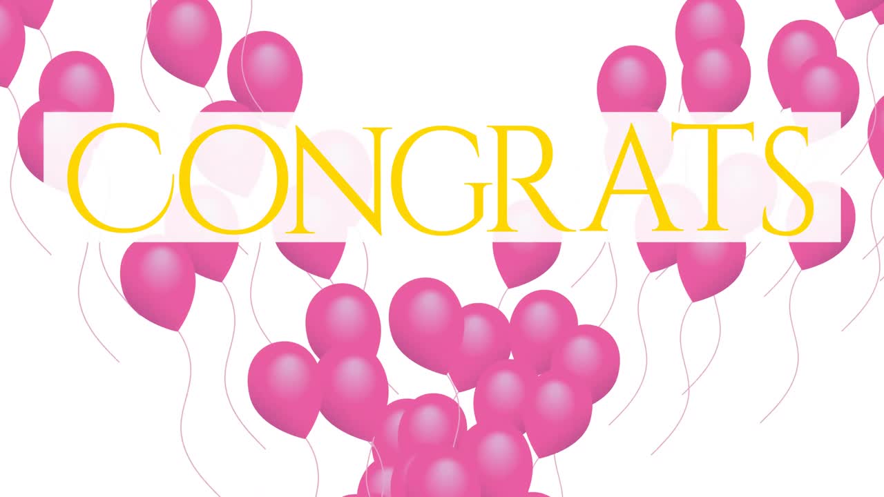 ⁇  바탕에 날아다니는 분홍색 풍선 위에 노란색 글자로 축하 텍스트의 애니메이션