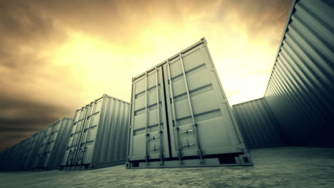 Row-of-large-containers-in-a-port-warehouse.-Endless-looping-shot-of-loaded-containers,-ready-for-the-cruise-to-destination-place.-Transportation,-shipping,-logistic,-storage-concept.-Loopable.-HD