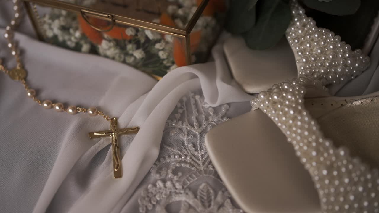 golden rosary whispers faith upon folds of gently placed white cloth