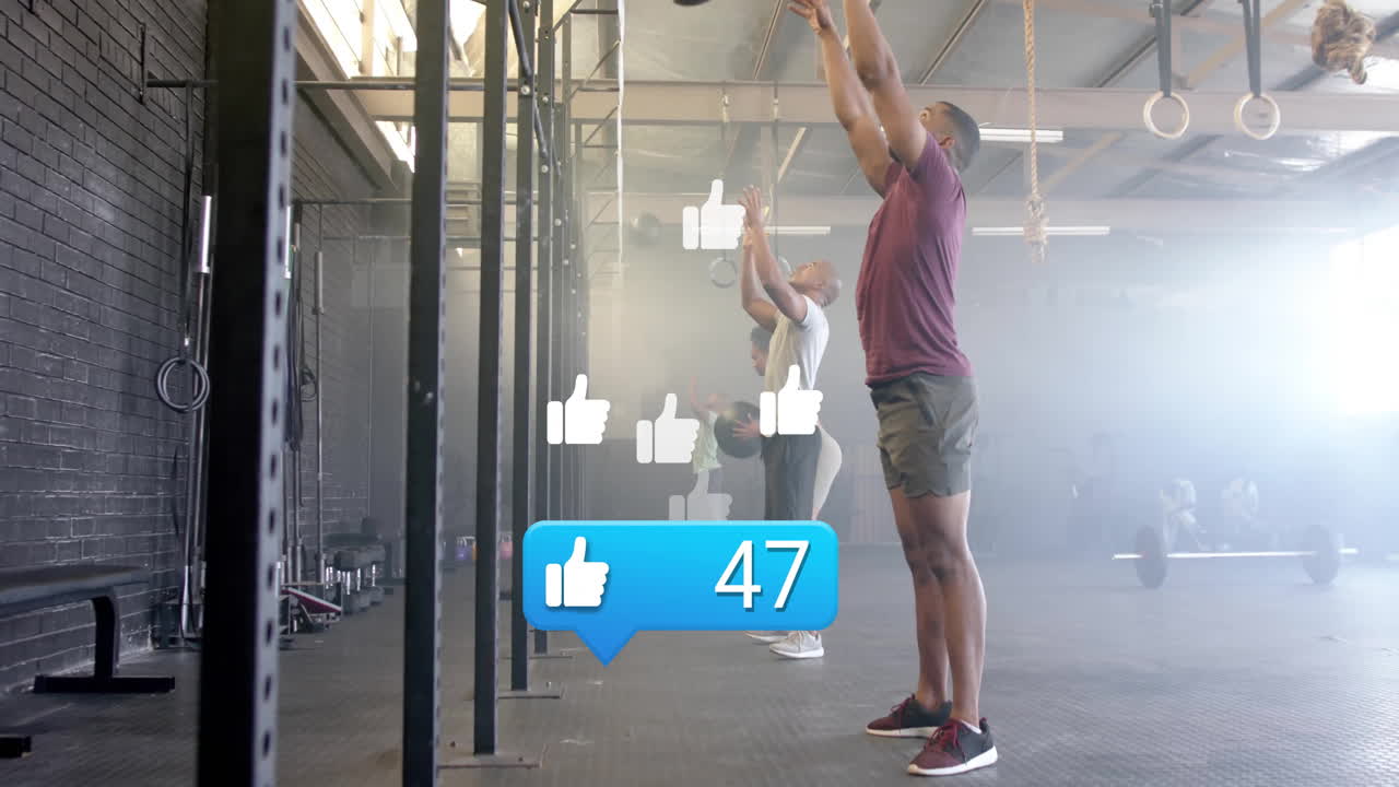 People exercising in gym with social media like icons overlay animation