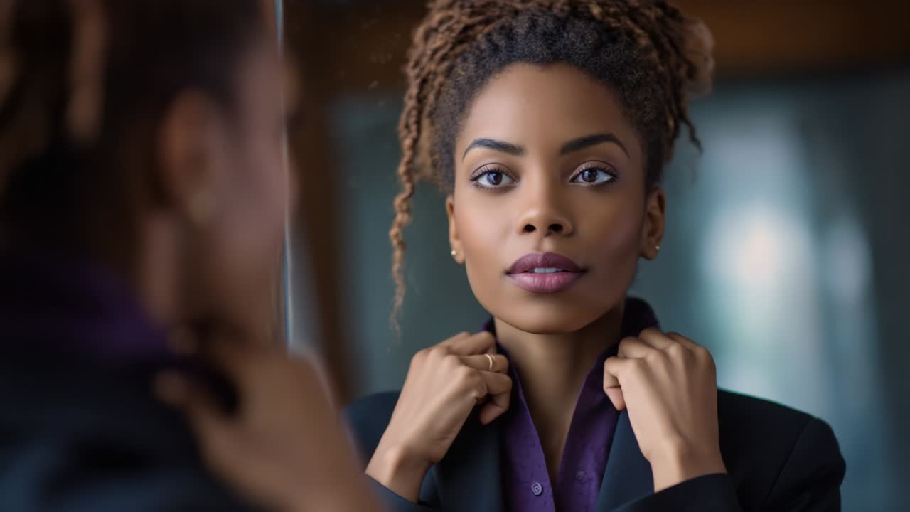 A poised and confident woman examines her reflection in the mirror while adjusting her stylish outfit, embodying elegance and self-assurance in a serene indoor setting with soft lighting
