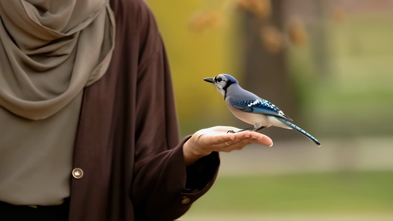 Smiling woman in hijab engaging with a blue jay bird in an autumn park, cherishing a moment of connection with nature and wildlife amidst vibrant fall colors and serene surroundings