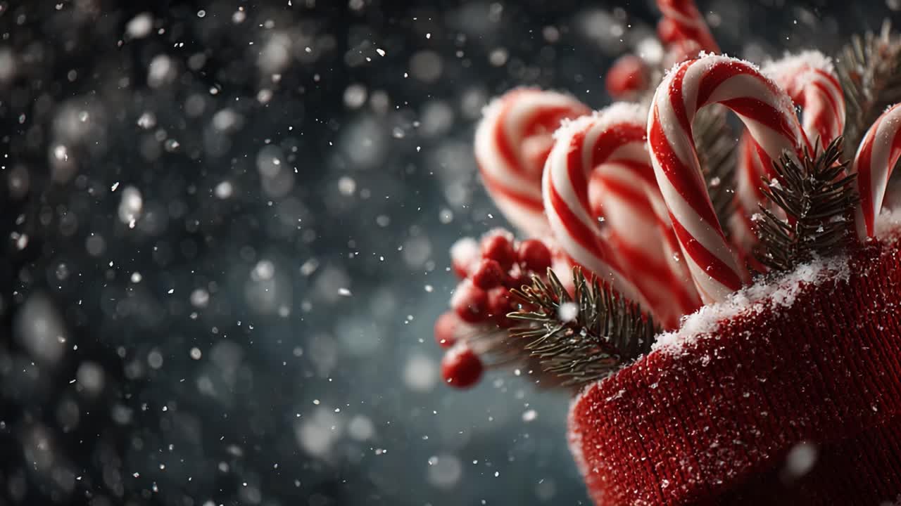 Un'esposizione festiva di bastoncini di zucchero circondati da decorazioni natalizie e fiocchi di neve, per creare una magica atmosfera invernale piena di gioia e allegria