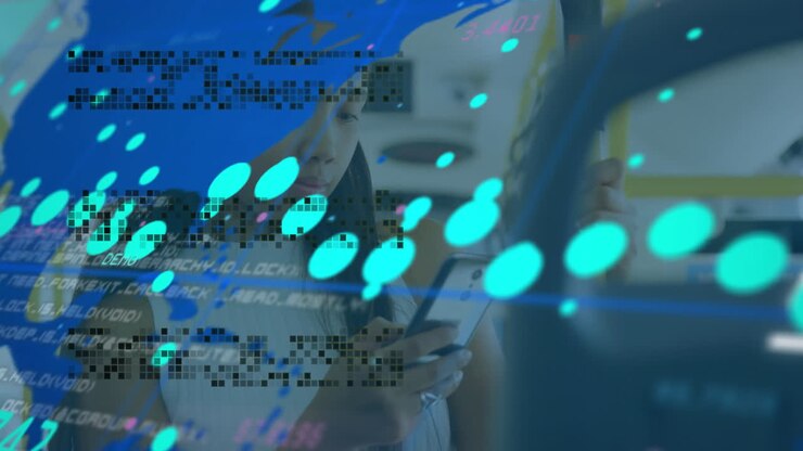 Woman using smartphone with digital data and code animation overlay