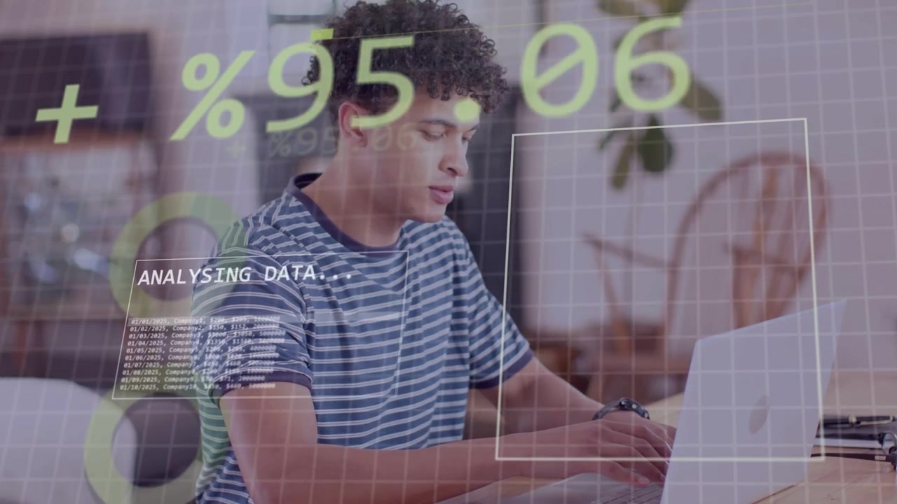 Adult male typing at laptop, HUD showing changing green % over keyboard tracking data progress