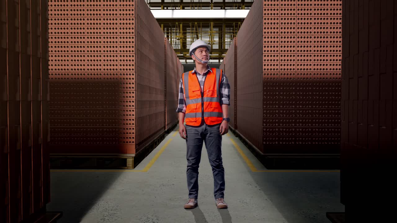 Full Body Of Asian Male Engineer With Safety Helmet Looking Around While Standing With Red Brick Packed in Stacks Are Stored
