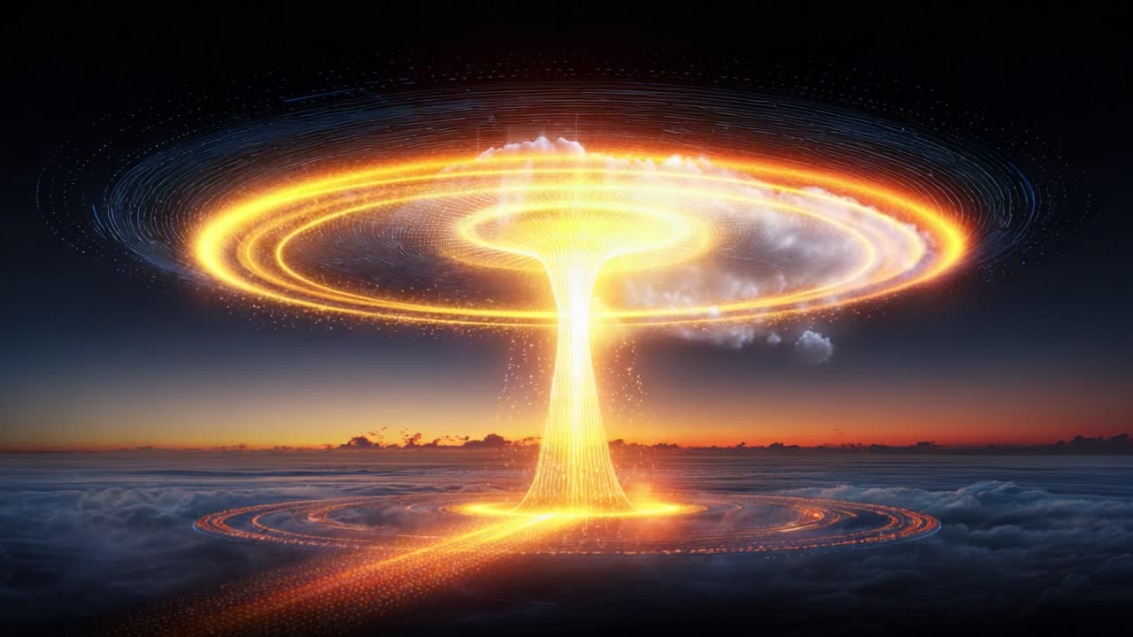 Spectacular visual representation of a powerful explosion, featuring radiating energy and luminous clouds suspended above a stunning horizon. A mesmerizing display of light and motion in the sky