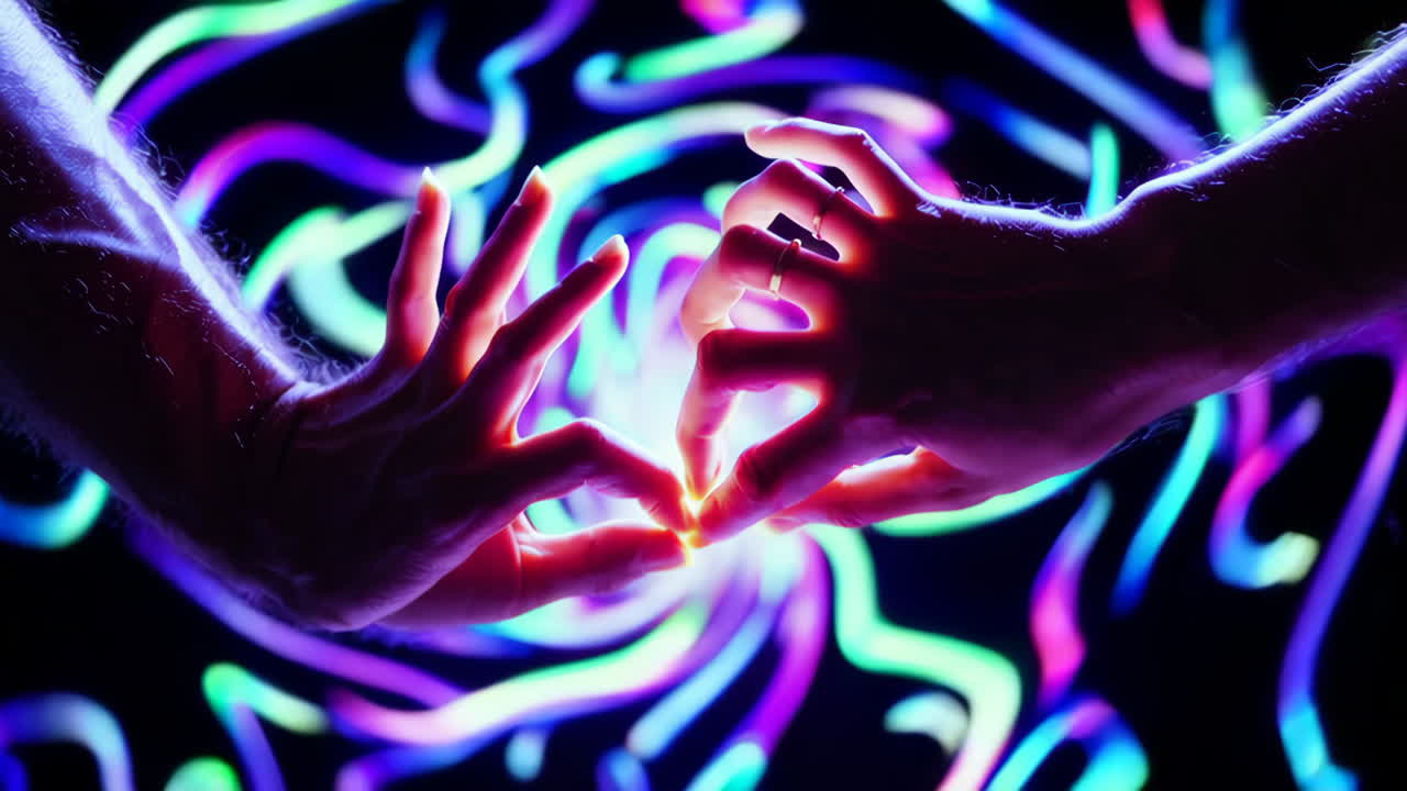 Human Hands Reaching for Connection in a Swirling Luminous Vortex