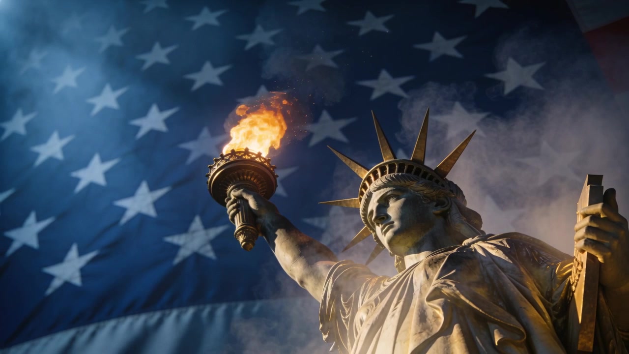 Flickering torch Liberty statue casting sparks and smoke at harbor cam pulling back revealing flag