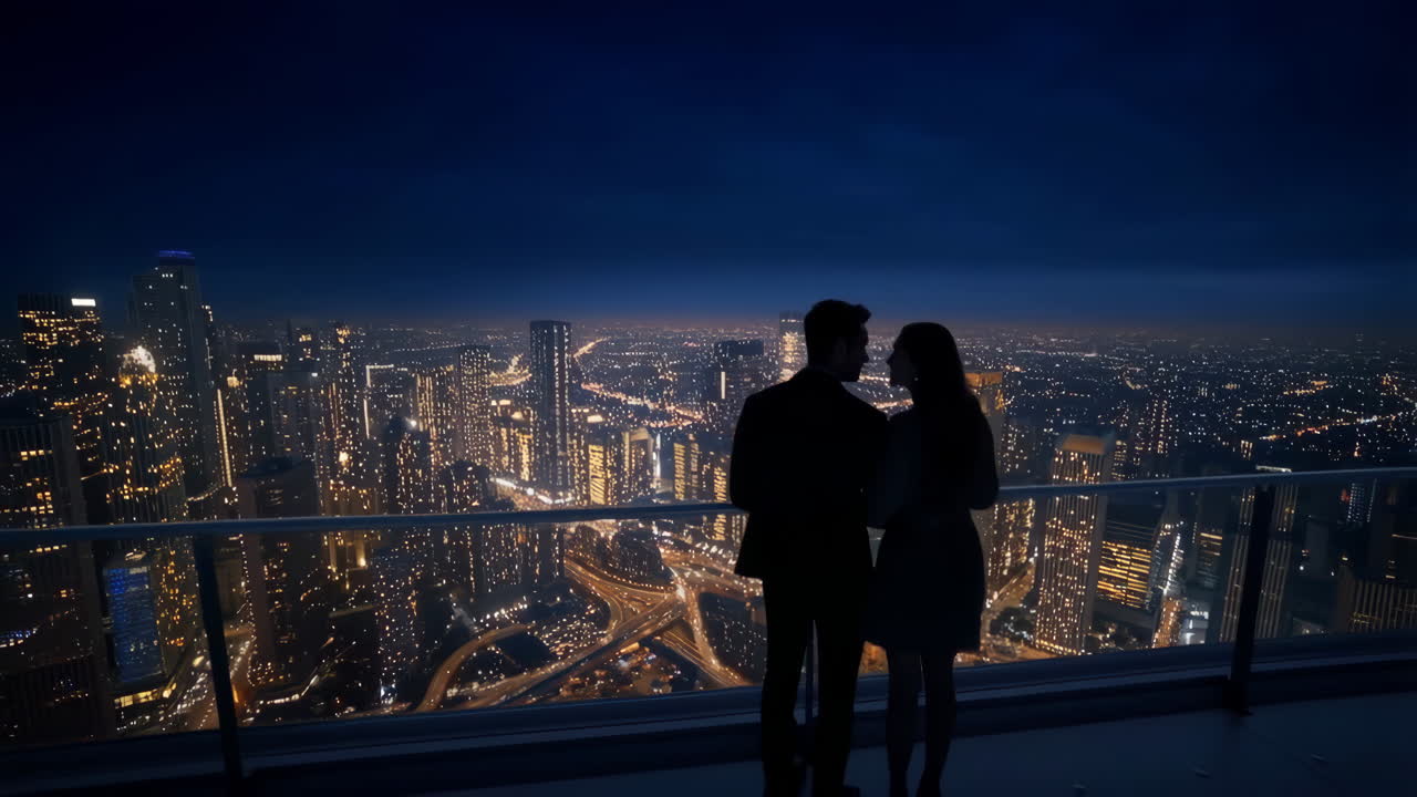 A couple overlooking a stunning city skyline at night from a high-rise rooftop