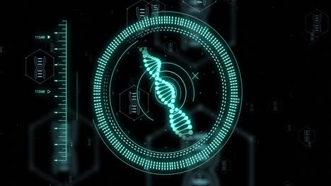 Animation-of-scope,-dna-strand-over-data-processing