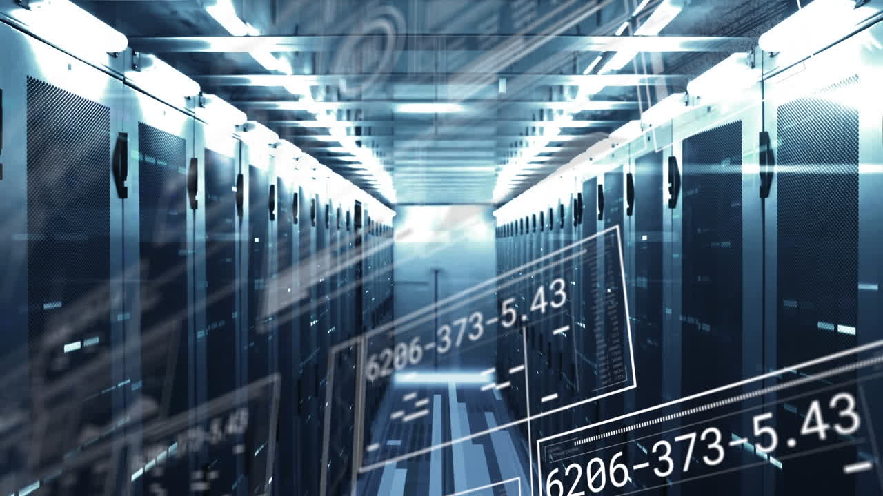 Animation of interface with data processing and mosaic squares against computer server room