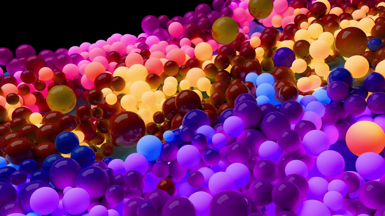 3d bucle de animación en 4k con hermosas esferas pequeñas y grandes o bolas como un fondo de vacaciones abstractas. hermosa composición de coloridas esferas brillantes