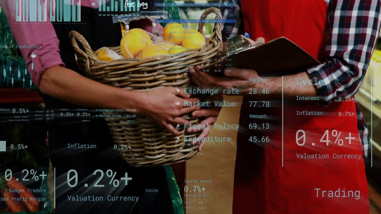 Woman arranging oranges lead noting on clipboard animated charts overlaying basket for pricing