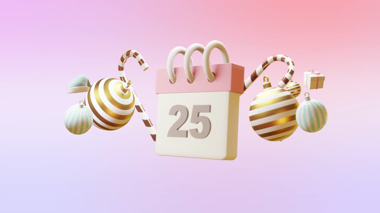 Animazione di calendario con numero 25 e decorazioni natalizie su sfondo rosa