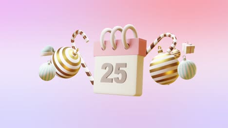 animation of calendar with numer 25 and christmas decorations on pink background