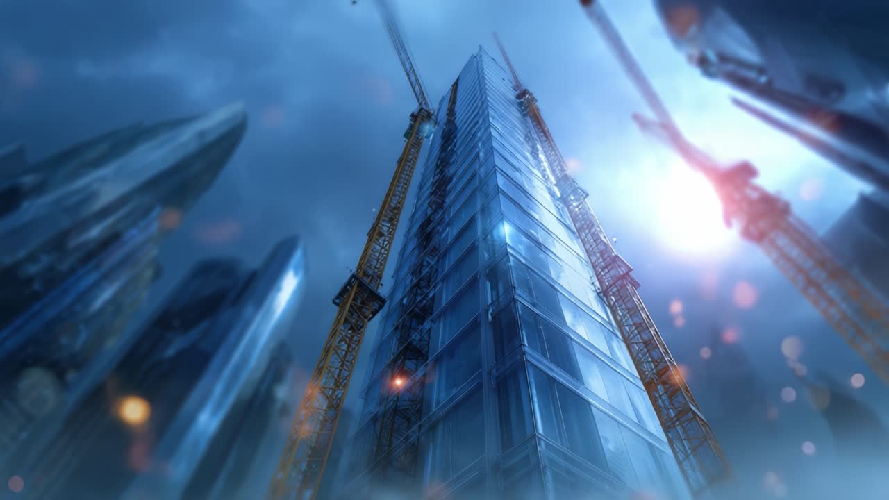 A striking view of a modern skyscraper under construction, showcasing cranes and glass panels against a dramatic sky, highlighting urban development and architectural innovation
