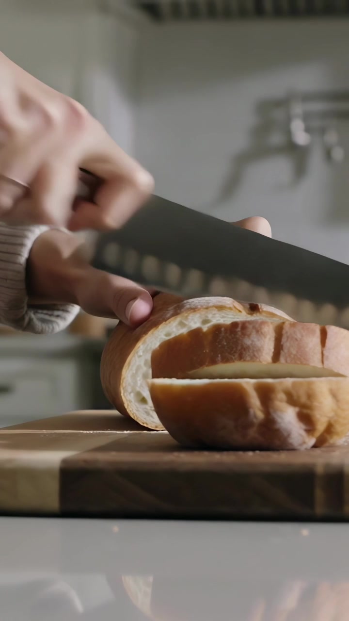 Dikey video: Mutfakta kahvaltı hazırlarken örgü kollu ellerin bıçakla ekmek dilimlemesi.
