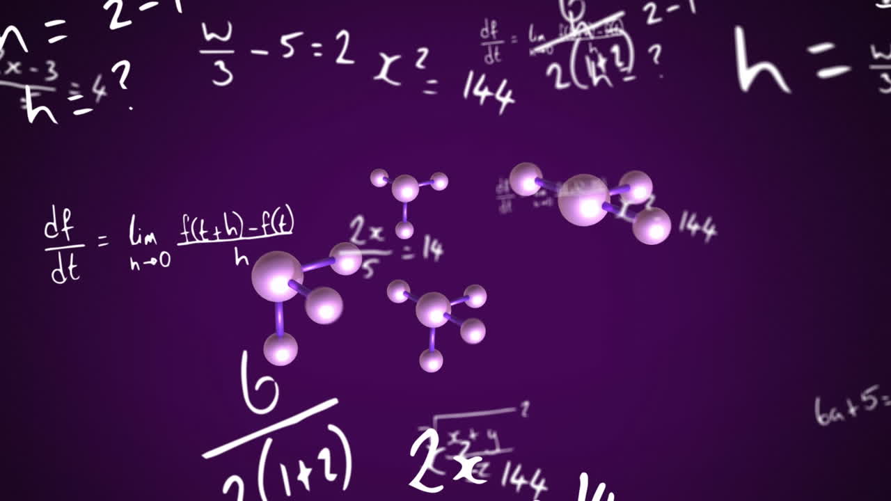 animación de macro de moléculas y procesamiento de datos matemáticos en fondo púrpura
