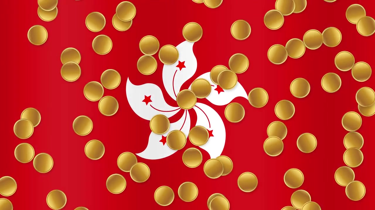 Monedas de oro caen continuamente sobre una bandera roja ondeante de Hong Kong con una flor de orquídea blanca