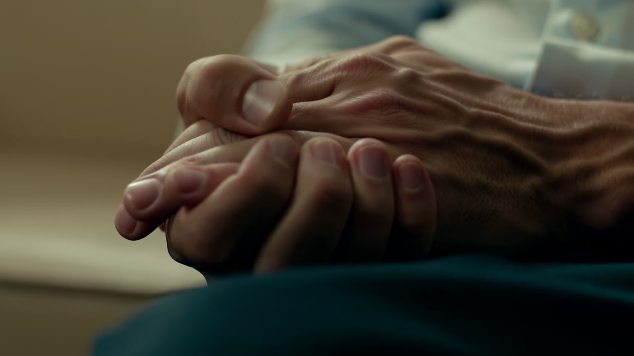 Elderly Hands Clasped In Quiet Repose, Closeup Of Wrinkled Veined Fingers Resting On Lap, Patient Wearing