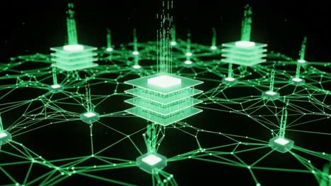 an abstract visualization of a futuristic network architecture with glowing green nodes and layers representing data connectivity and digital communication systems