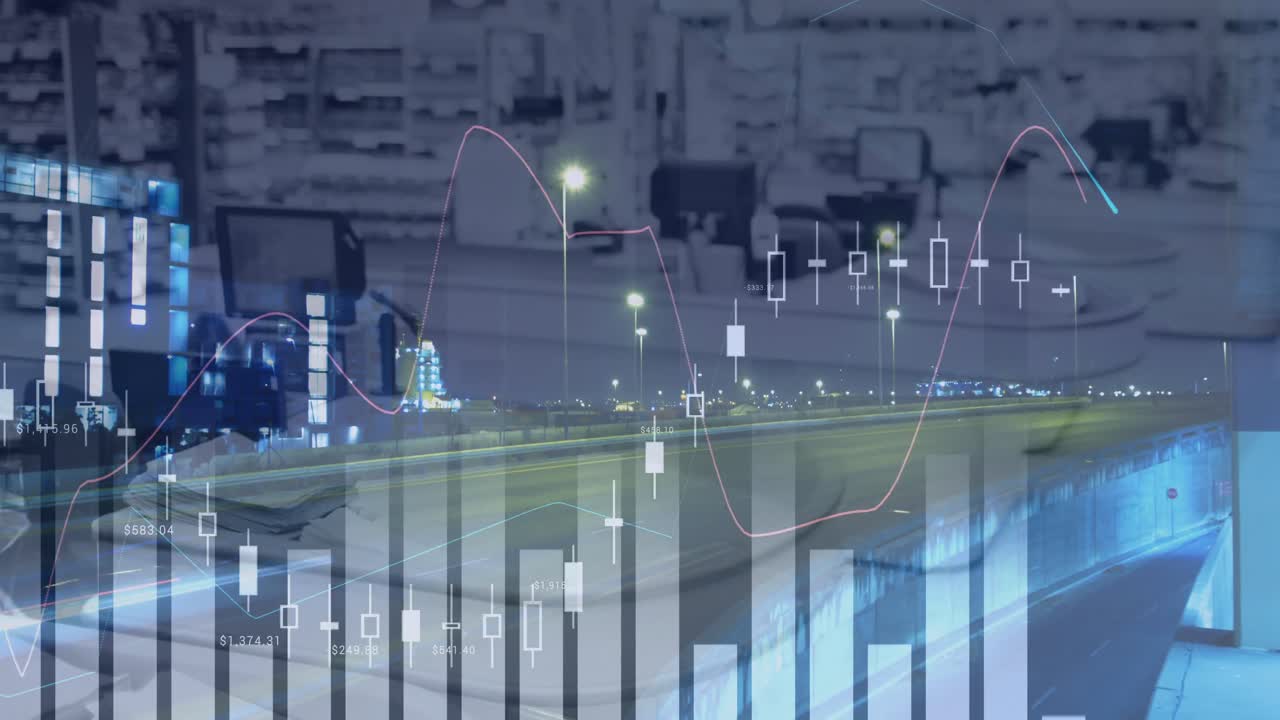 Animation der Statistik- und Datenverarbeitung über einem leeren Geschäft