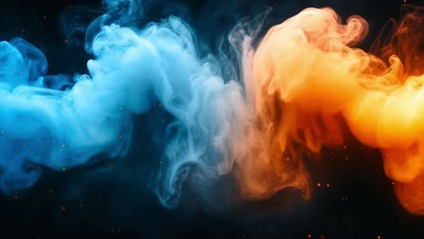 vibrant smoke forms lively patterns. bright blue and orange smoke intertwines against a dark background, forming captivating and vibrant patterns.