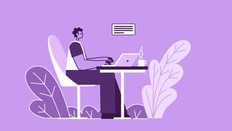 hombre de estilo púrpura personaje plano en línea trabajando en una cafetería con portátil. animación de bucle aislado con canal alfa