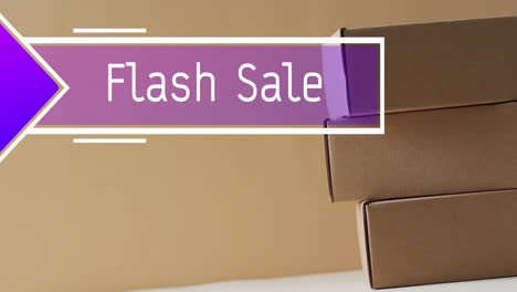 animação de texto de venda flash sobre caixas de presentes