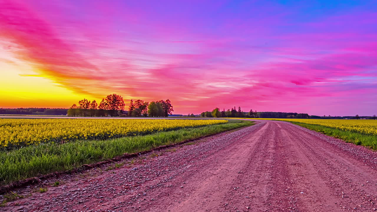 노란 꽃 농지를 통과하는 자갈길이 있는 유채밭의 시골 풍경 위에 있는 다채로운 하늘의 정적인 전망