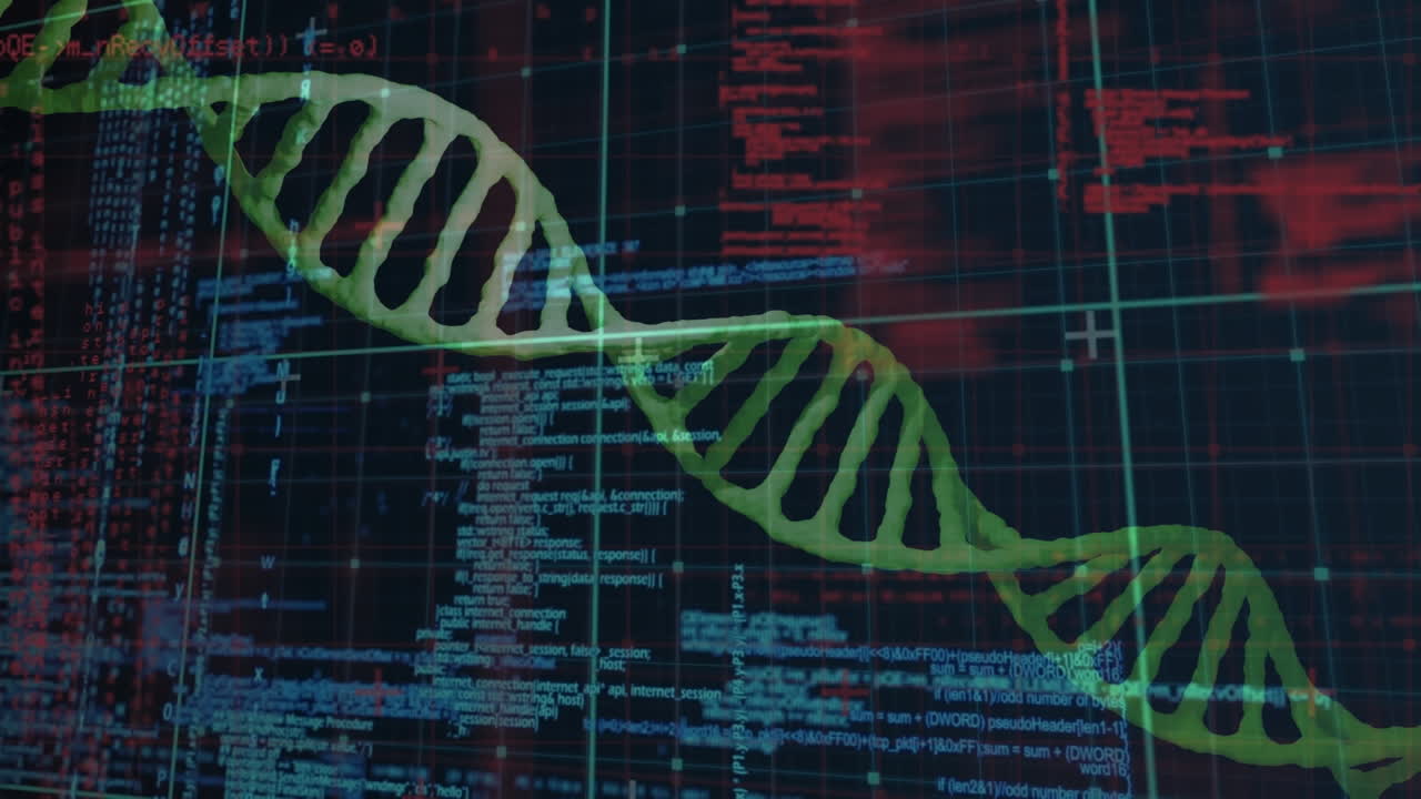 animación de estructuras de adn que giran sobre el procesamiento de datos contra un fondo negro