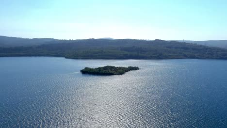 pequeña isla con árboles verdes en medio del lago con bosques de pinos en el fondo y el cielo azul sin nubes en un día soleado