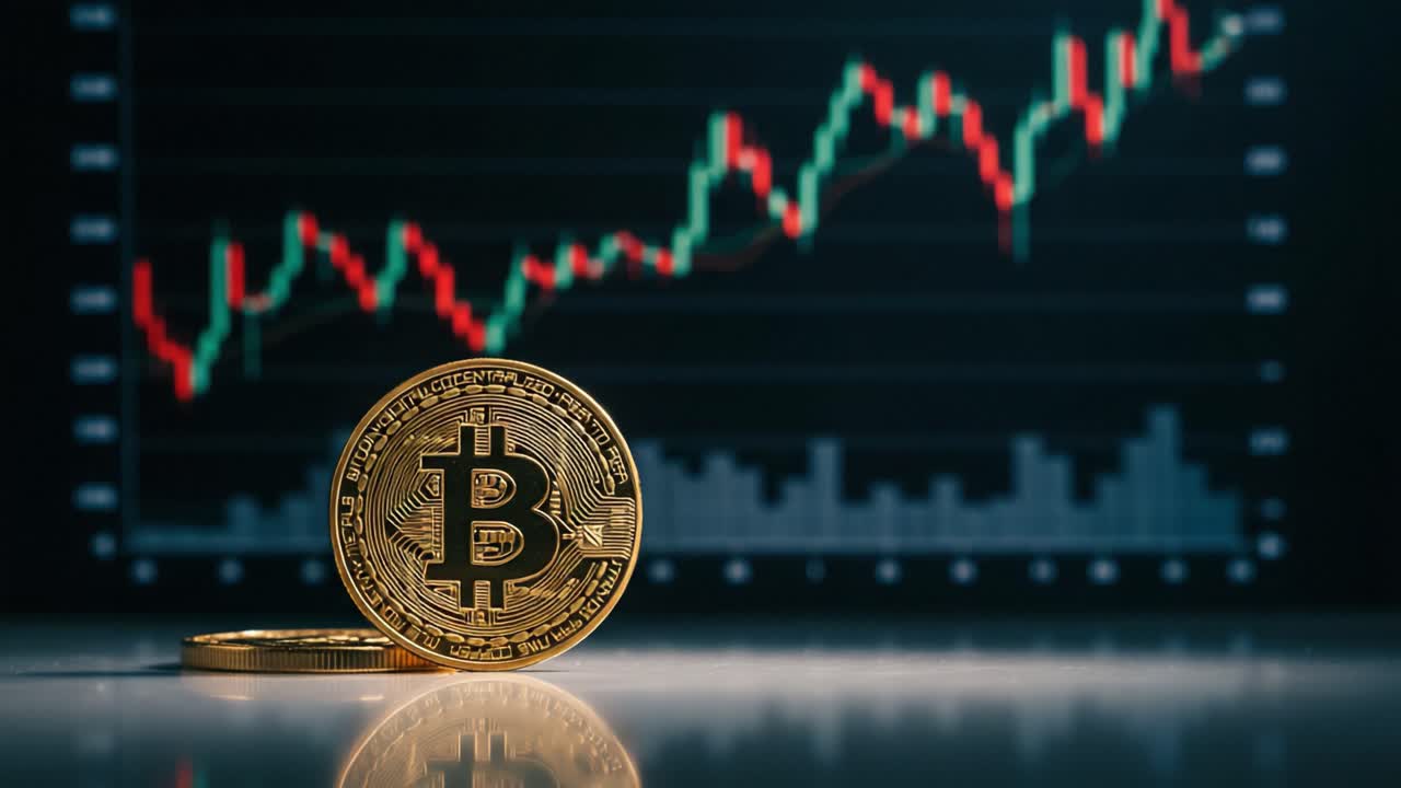 A Close-Up of Bitcoin on a Reflective Surface, Showcasing Cryptocurrency's Growing Market Trends with a Background of a Colorful Stock Chart