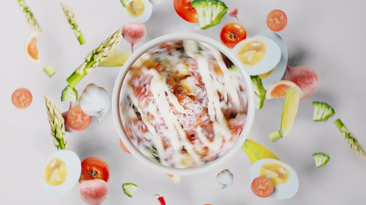 concepto de comida 3d rendering para una cocina, promo del restaurante con platos giratorios escalando y apareciendo en la pantalla. varias verduras aisladas en un fondo sólido