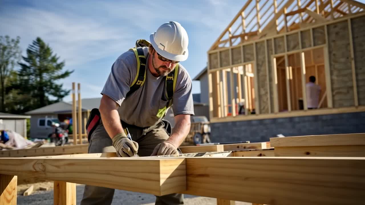 A low-angle video shot of a construction worker measuring wood, with a partially built house