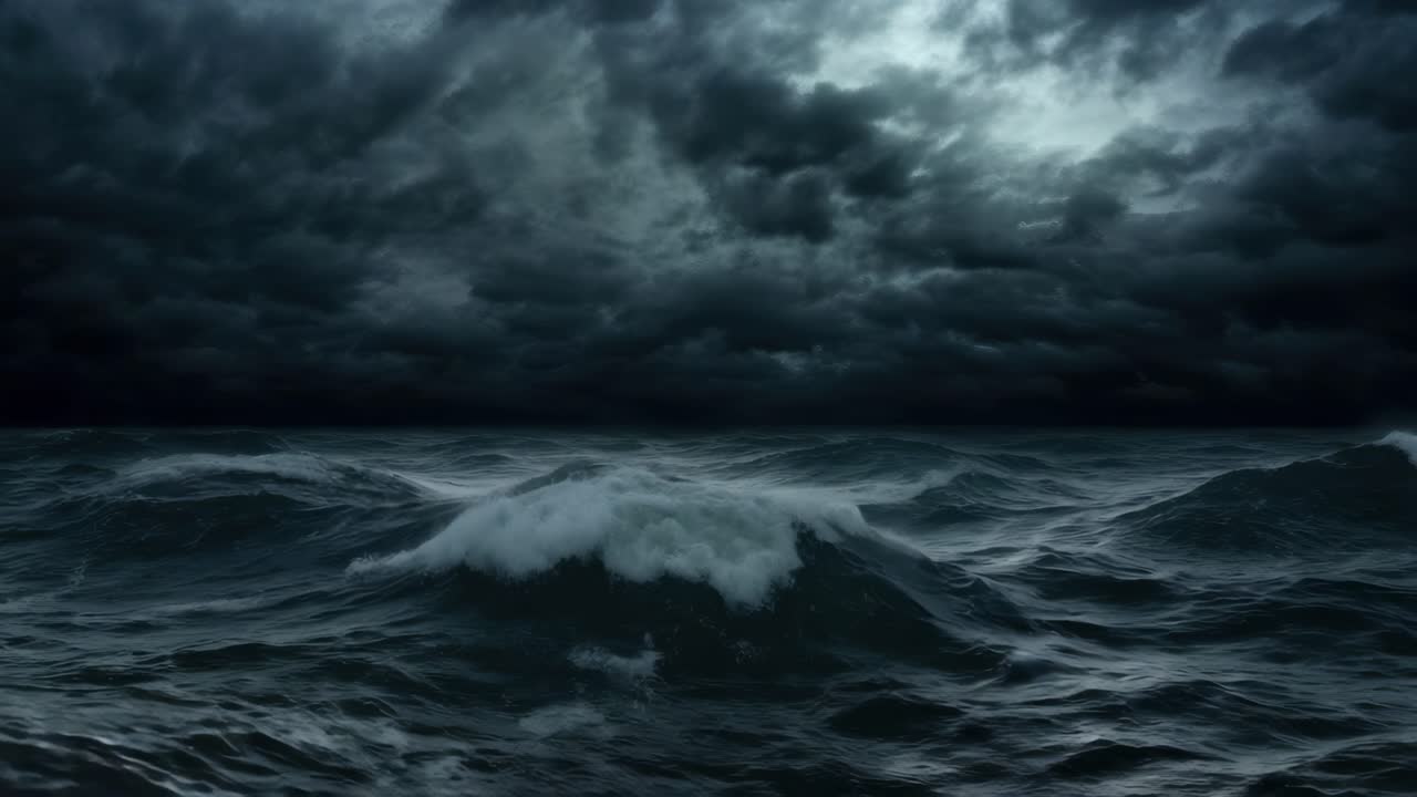 Onde oceaniche impetuose sotto un cielo tempestoso, catturate da una prospettiva dal basso verso l'alto per creare un effetto cinematografico