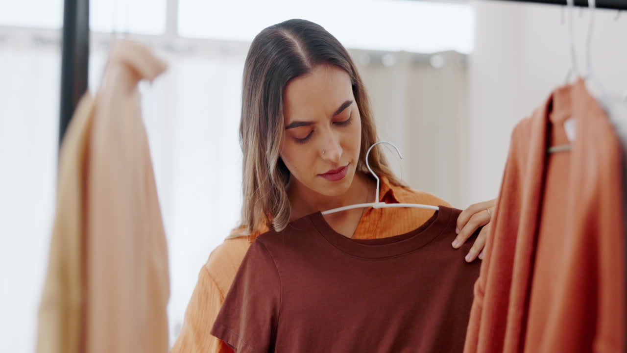 Woman, boutique and wardrobe choice with clothing