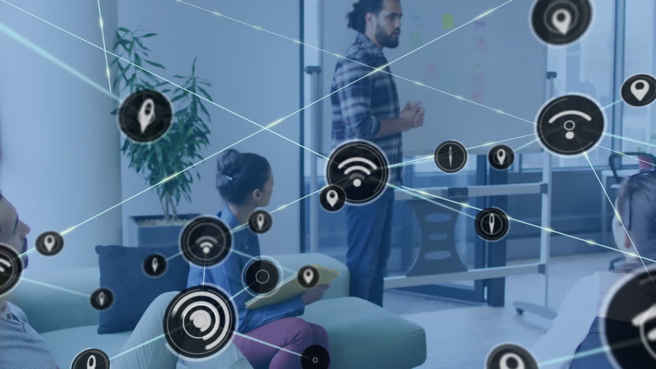 연결 네트워크와 데이터 처리 애니메이션을 통해 사무실의 다양한 사람들