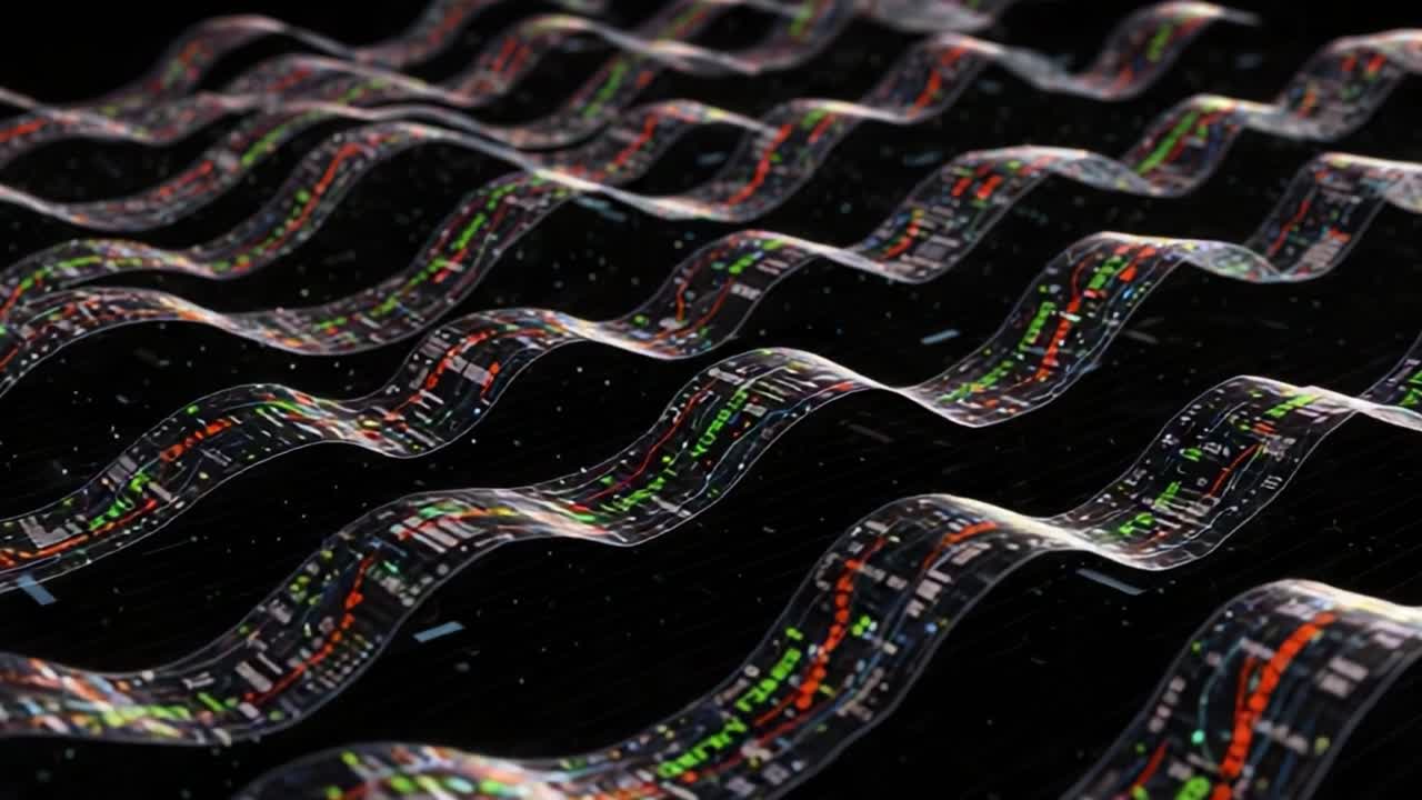 Abstract Digital Data Visualization: Wavy Graphical Representations of Financial Charts Highlighting Trends and Fluctuations in a Dark Background