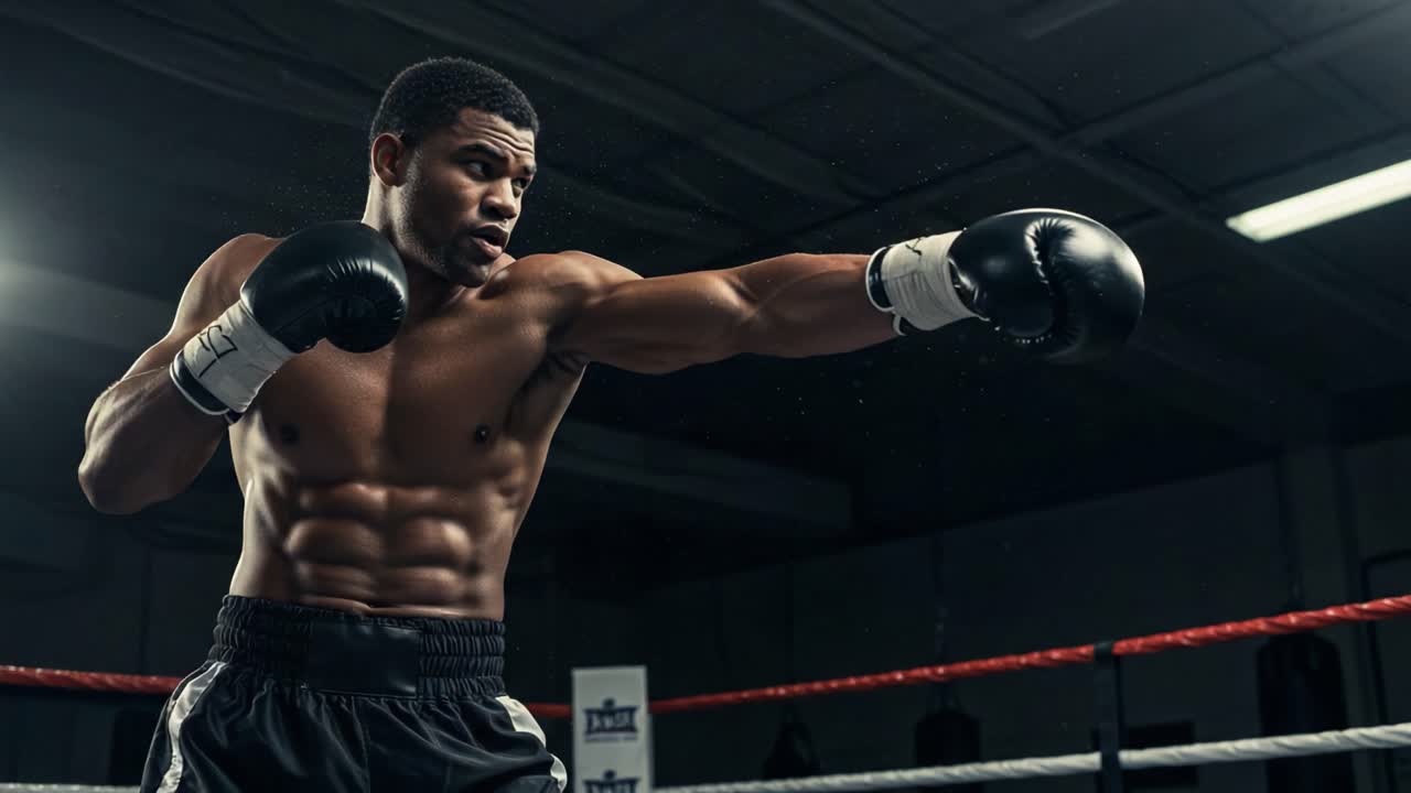 Intense Boxing Training Session: A Focused Athlete Demonstrating Precision and Power in the Ring with a Series of Complex Punches and Combinations