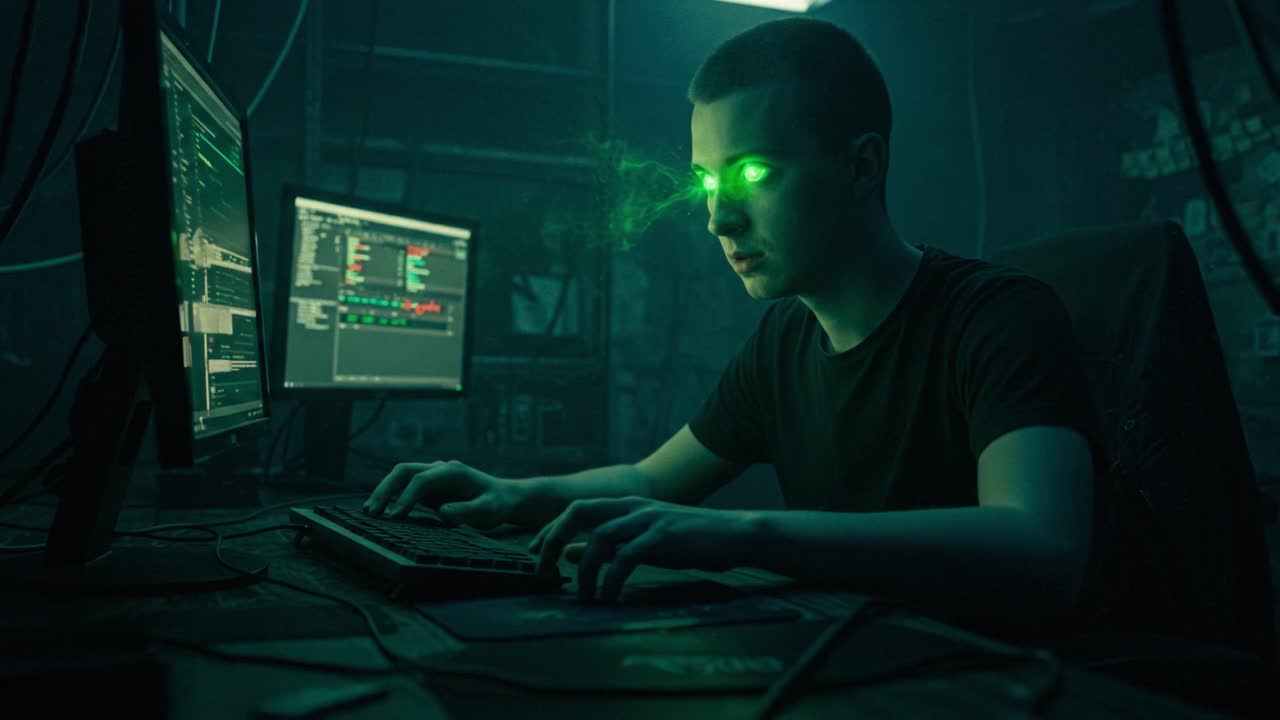 Focused computer programmer working intently on complex software project, green tinted eyes glowing with intense concentration in dimly illuminated workspace