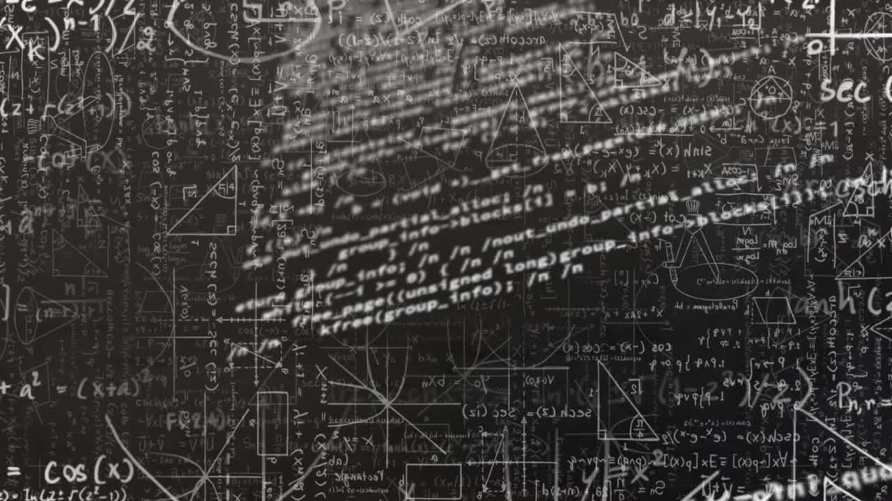 Digital animation of data processing against mathematical equations on black background
