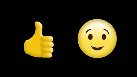 animation von happy- und thumbs-up-emoji-emotikon-iconen auf schwarzem hintergrund