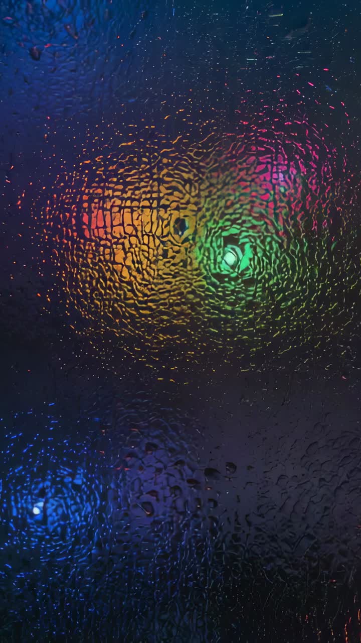 Vertical video: Shifting lights through wet glass making yellow-green bokeh on droplets at window
