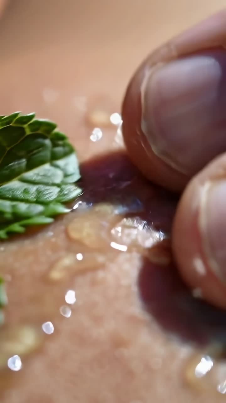Vertical video: Entering top-left finger pressing mint leaf onto skin in macro, creating glints