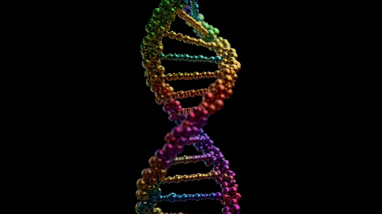 Dupla Hélice de DNA Colorida em Destaque Contra um Fundo Científico Escuro